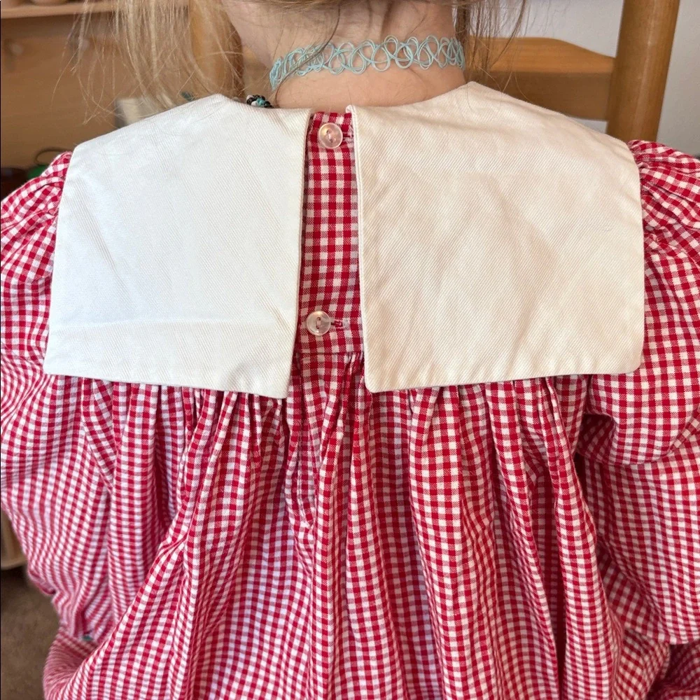 Vintage Christmas Peaches n Cream Red Gingham Polka Dot Ribbon Prairie Dress